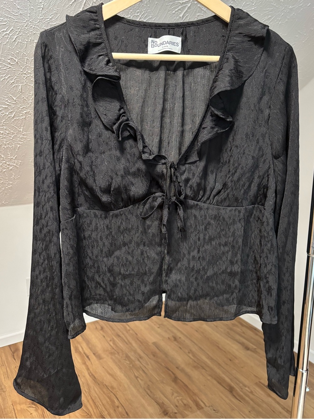 Whimsigoth, ruffled neckline, semi sheer, dark boho top. No Boundaries XL